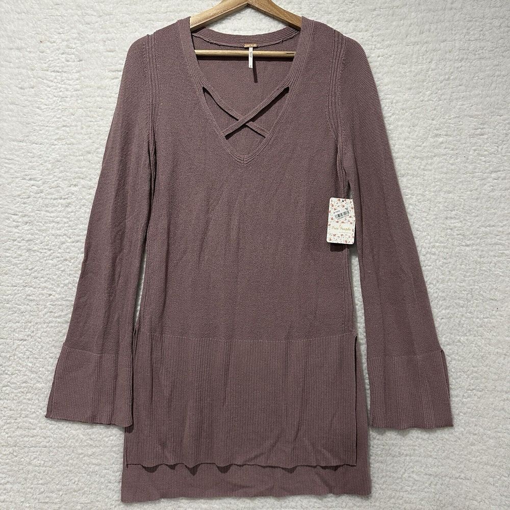Free People Women's Mauve Criss‎ Cross Neckline Long Sleeve Tunic Boho Sweater M